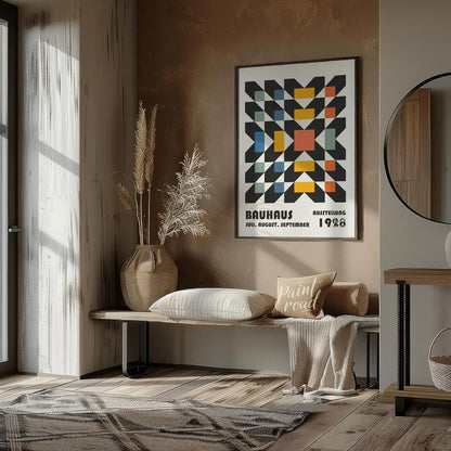 This captivating Bauhaus poster features a complex yet harmonious geometric pattern, resembling a w… for entryway