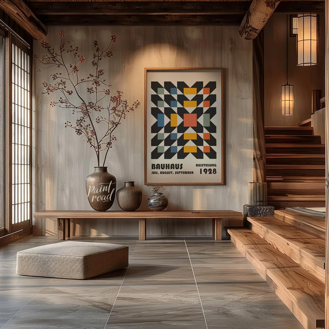 This captivating Bauhaus poster features a complex yet harmonious geometric pattern, resembling a w… for entryway
