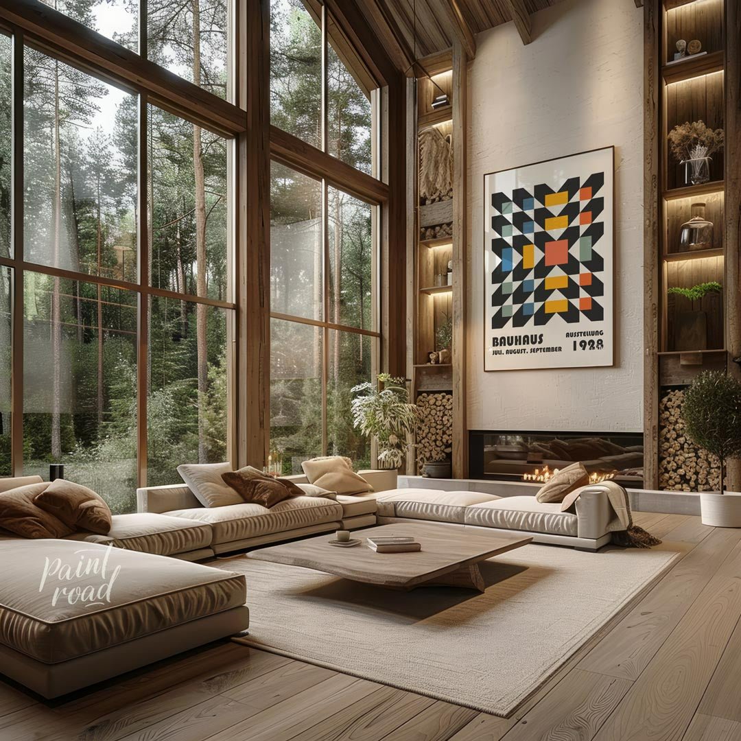 This captivating Bauhaus poster features a complex yet harmonious geometric pattern, resembling a w… for living room