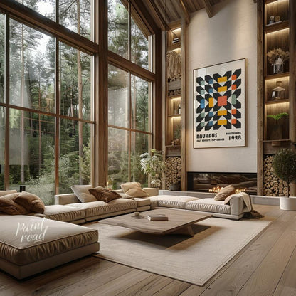 This captivating Bauhaus poster features a complex yet harmonious geometric pattern, resembling a w… for living room