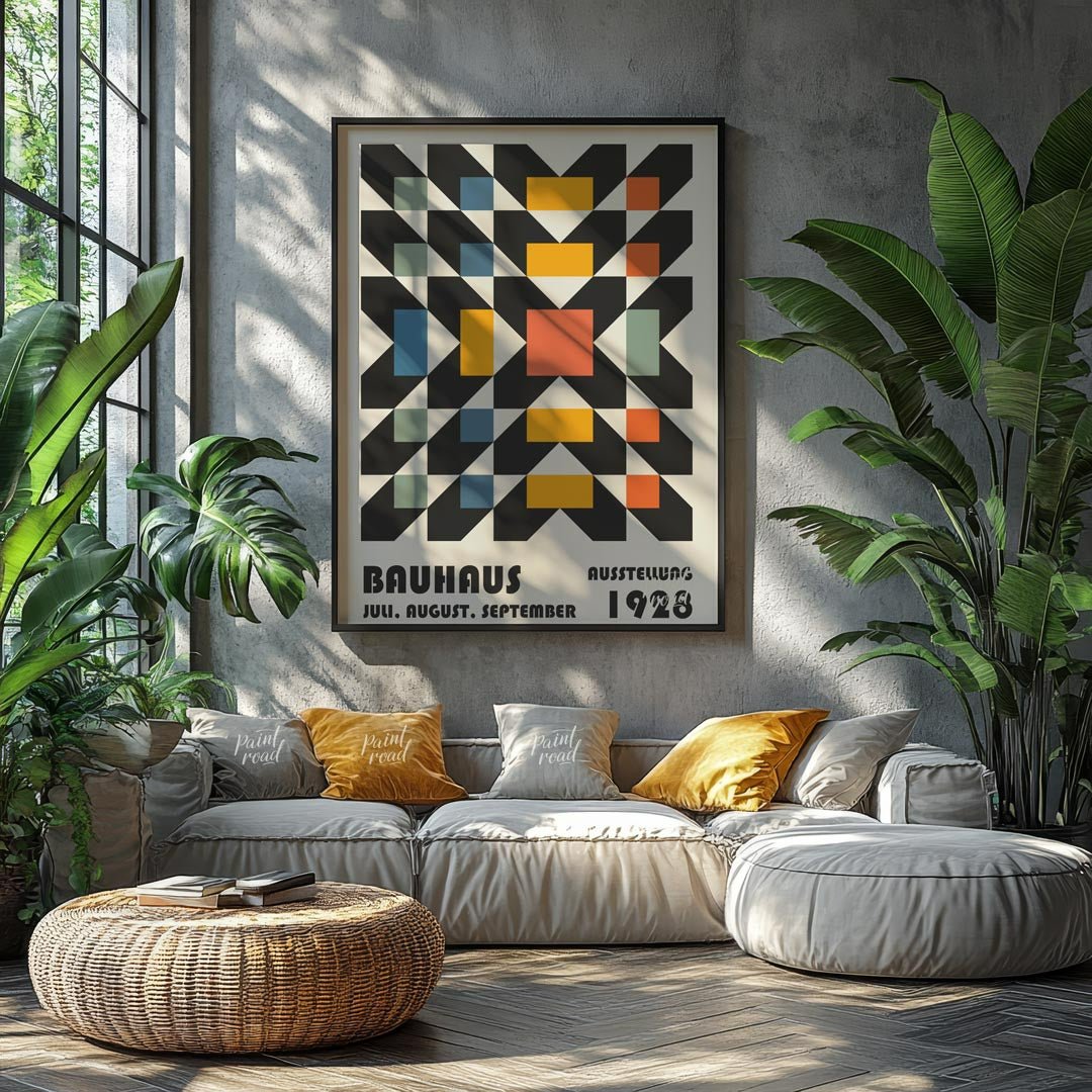 This captivating Bauhaus poster features a complex yet harmonious geometric pattern, resembling a w… for living room