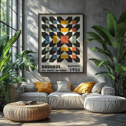 This captivating Bauhaus poster features a complex yet harmonious geometric pattern, resembling a w… for living room