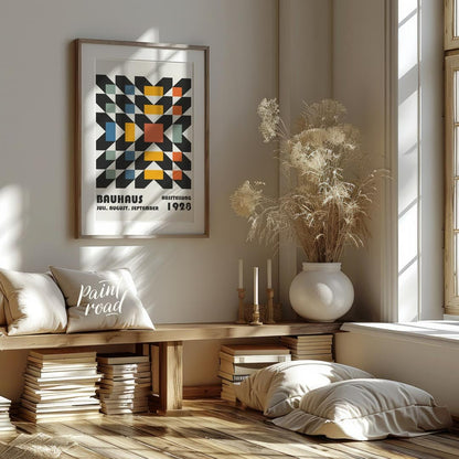 This captivating Bauhaus poster features a complex yet harmonious geometric pattern, resembling a w… for living room