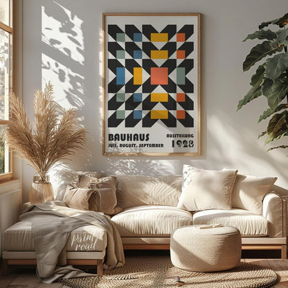 This captivating Bauhaus poster features a complex yet harmonious geometric pattern, resembling a w… for living room