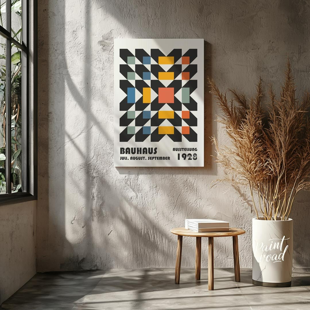 This captivating Bauhaus poster features a complex yet harmonious geometric pattern, resembling a w… for living room