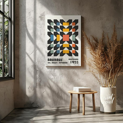 This captivating Bauhaus poster features a complex yet harmonious geometric pattern, resembling a w… for living room