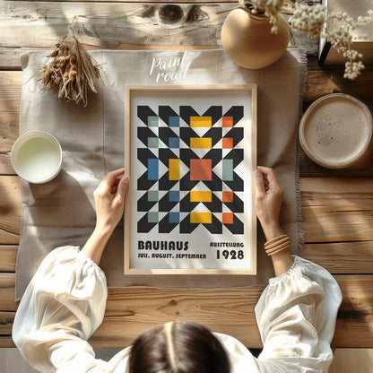 This captivating Bauhaus poster features a complex yet harmonious geometric pattern, resembling a w… for other