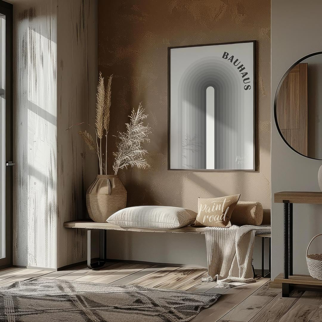 This Bauhaus-inspired piece features a striking central arch, composed of concentric bands in a gra… for entryway