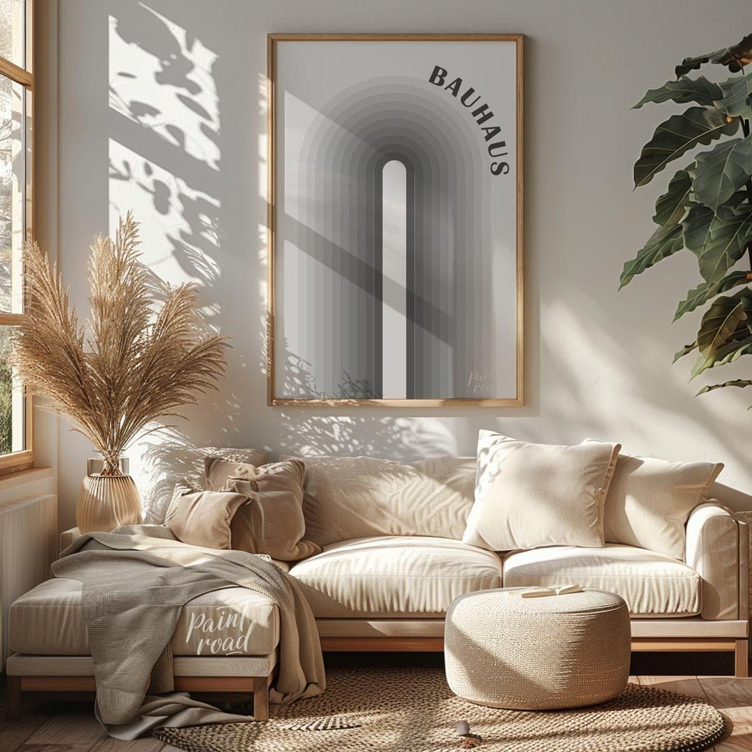 This Bauhaus-inspired piece features a striking central arch, composed of concentric bands in a gra… for living room