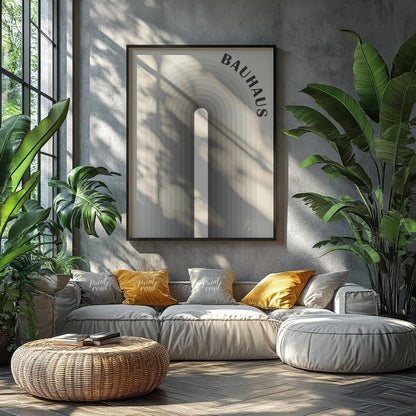 This Bauhaus-inspired piece features a striking central arch, composed of concentric bands in a gra… for living room