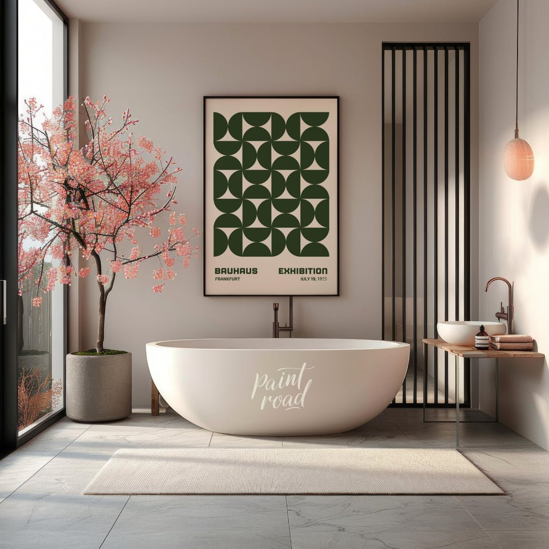 This Bauhaus-inspired poster features a captivating grid pattern composed of interlocking quarter-c… for bathroom