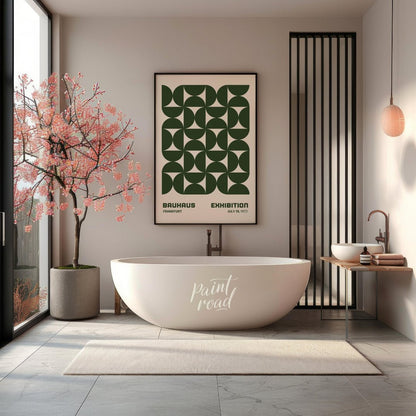 This Bauhaus-inspired poster features a captivating grid pattern composed of interlocking quarter-c… for bathroom