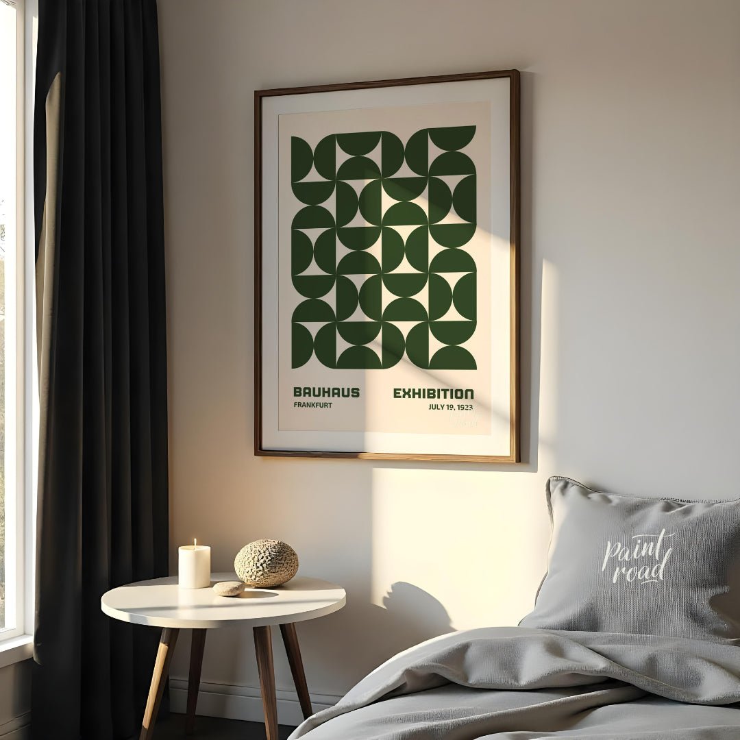 This Bauhaus-inspired poster features a captivating grid pattern composed of interlocking quarter-c… for bedroom