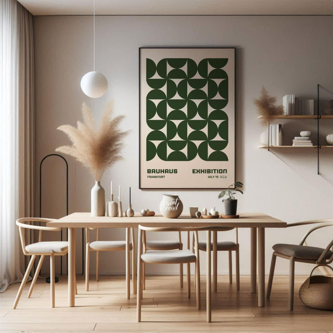 This Bauhaus-inspired poster features a captivating grid pattern composed of interlocking quarter-c… for dining room