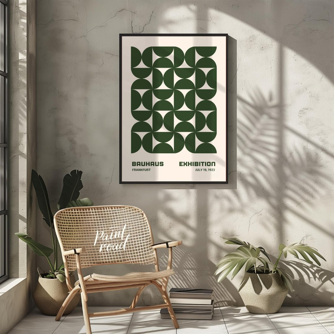This Bauhaus-inspired poster features a captivating grid pattern composed of interlocking quarter-c… for living room