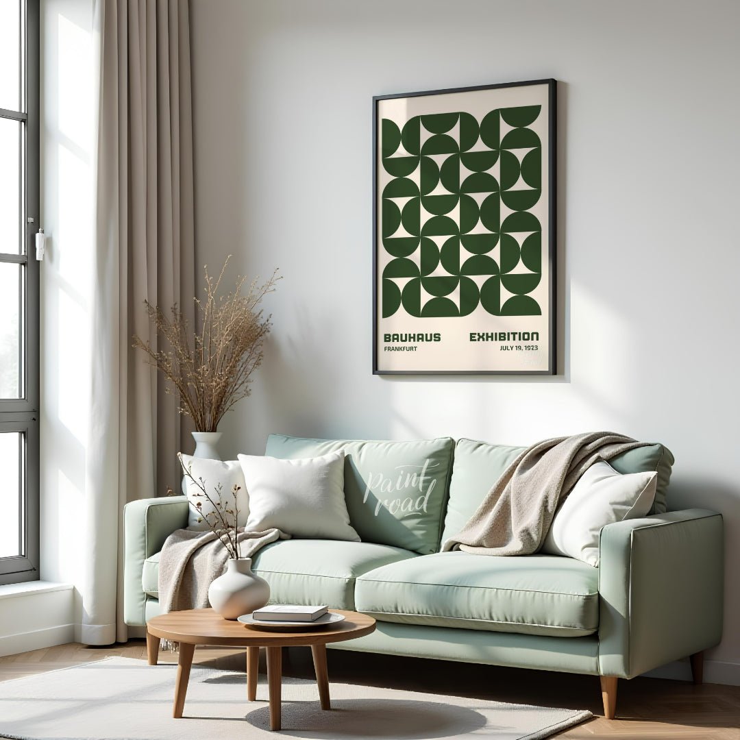 This Bauhaus-inspired poster features a captivating grid pattern composed of interlocking quarter-c… for living room