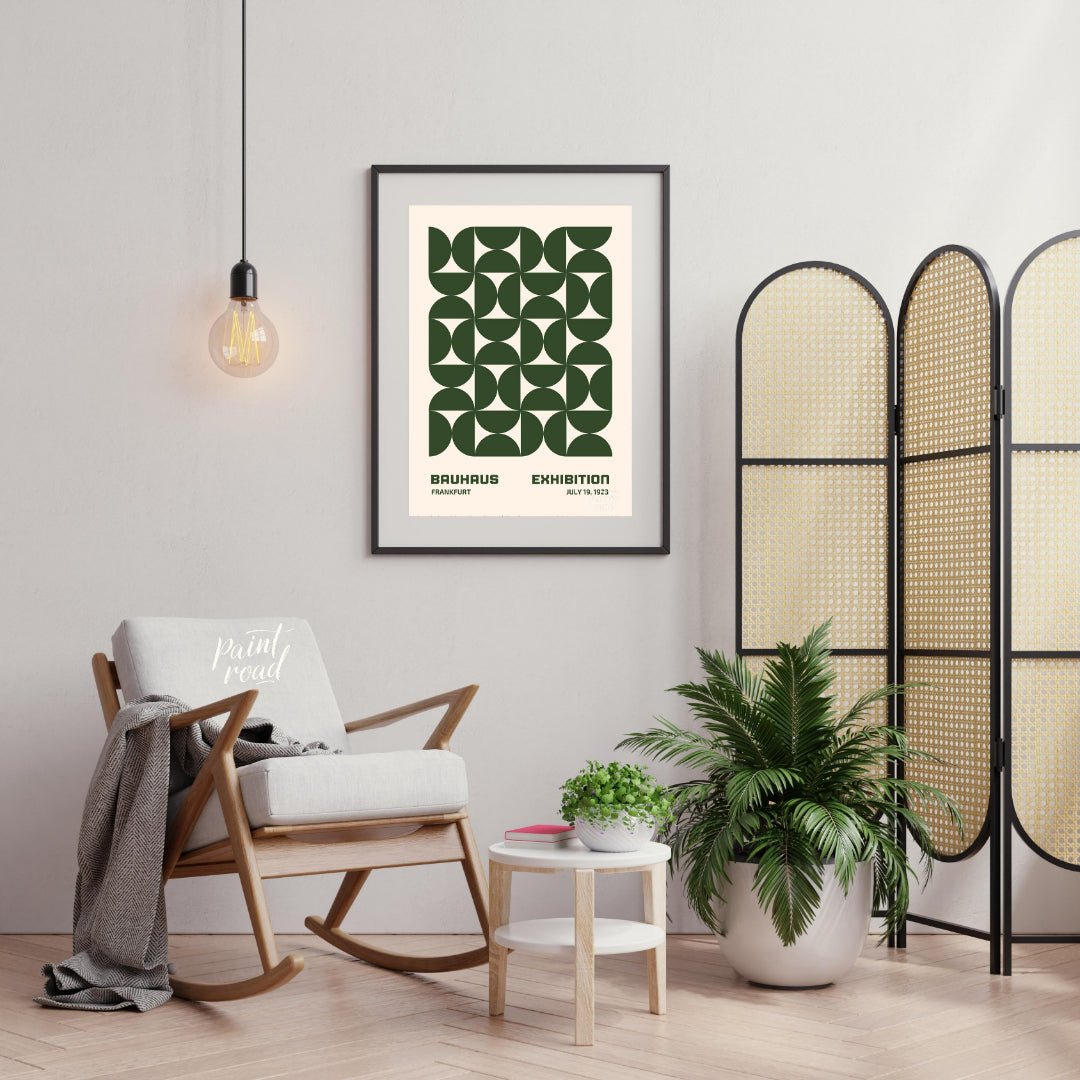 This Bauhaus-inspired poster features a captivating grid pattern composed of interlocking quarter-c… for living room