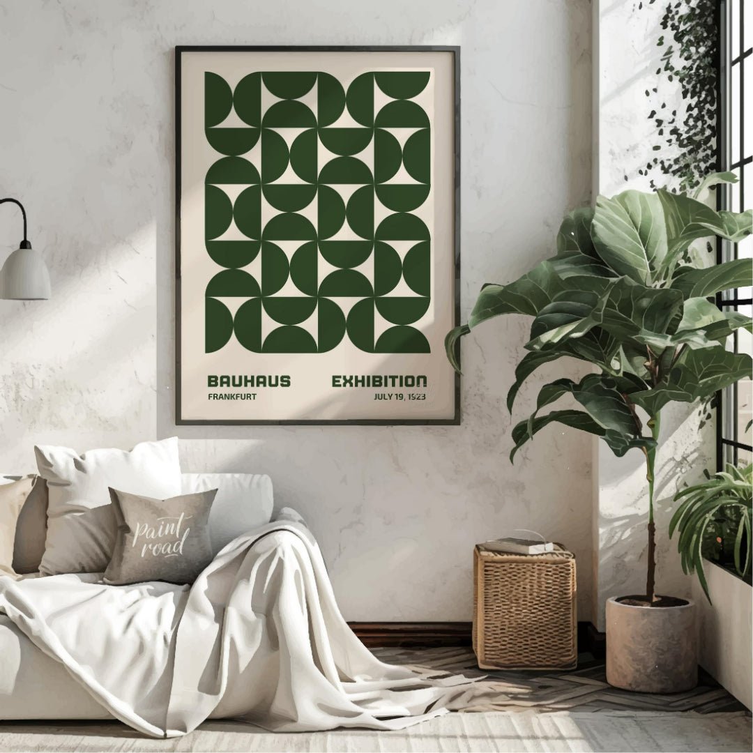 This Bauhaus-inspired poster features a captivating grid pattern composed of interlocking quarter-c… for living room