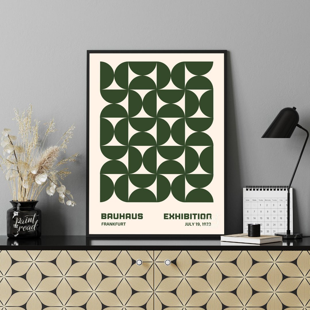 This Bauhaus-inspired poster features a captivating grid pattern composed of interlocking quarter-c… for office
