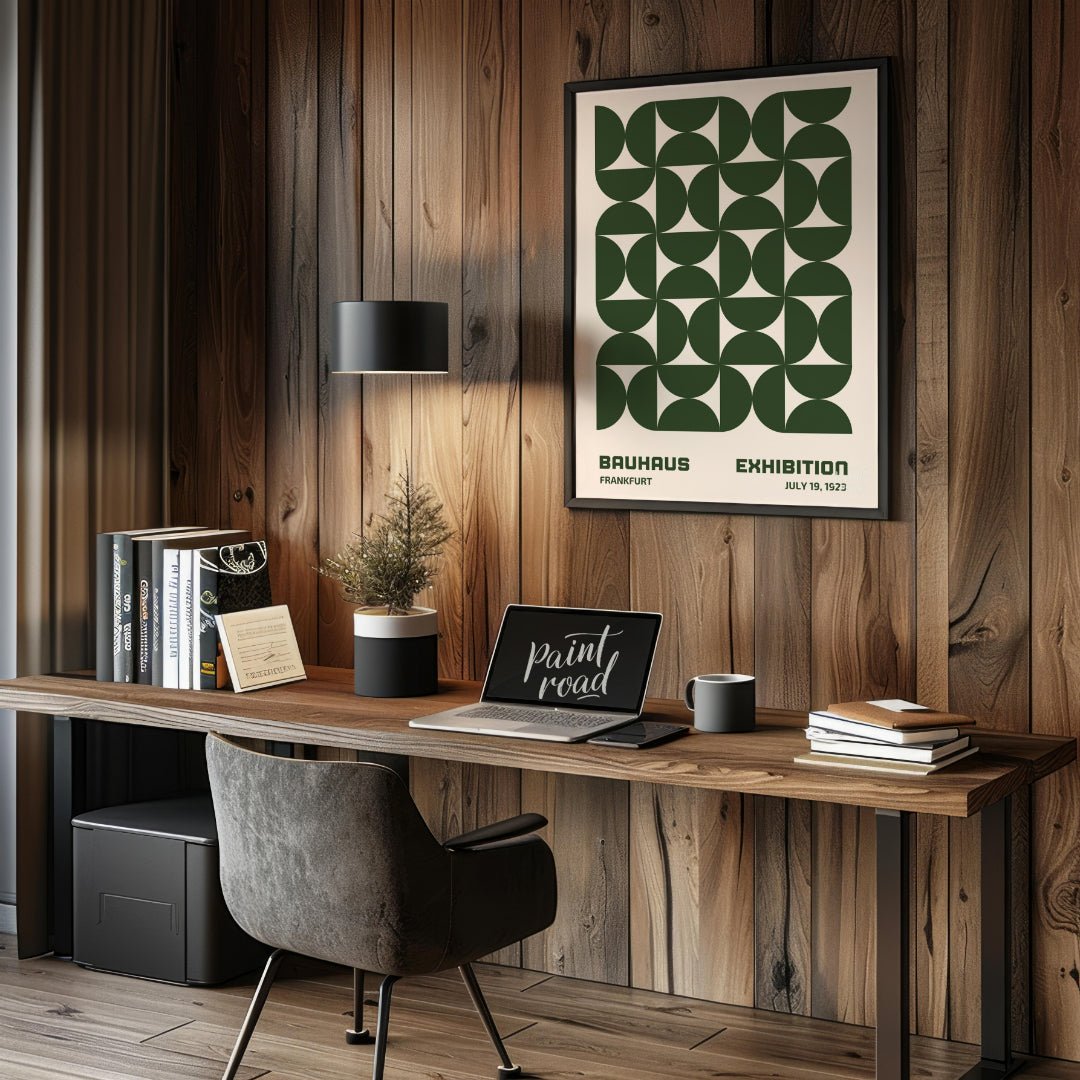 This Bauhaus-inspired poster features a captivating grid pattern composed of interlocking quarter-c… for office