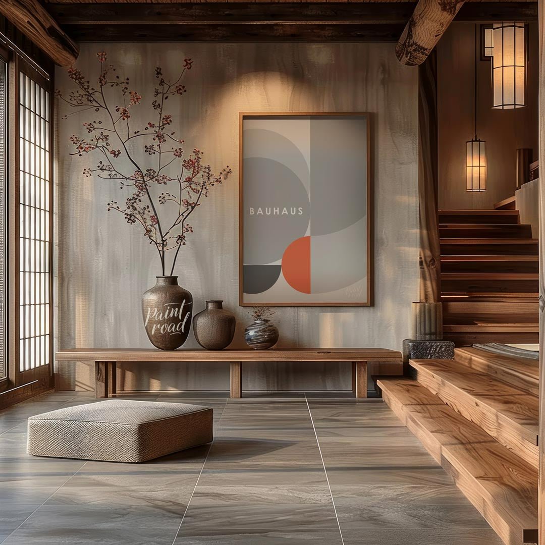 This refined Bauhaus-inspired poster showcases a minimalist yet dynamic composition dominated by va… for entryway