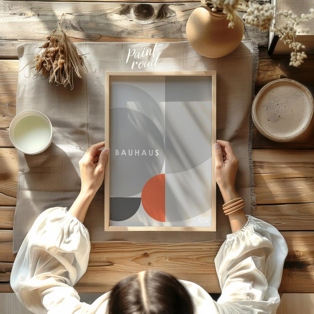This refined Bauhaus-inspired poster showcases a minimalist yet dynamic composition dominated by va… for kitchen