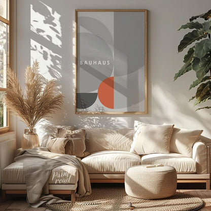 This refined Bauhaus-inspired poster showcases a minimalist yet dynamic composition dominated by va… for living room