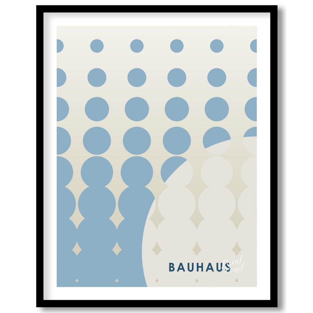This striking Bauhaus-inspired poster features an array of blue dots arranged in a grid, transition… for abode