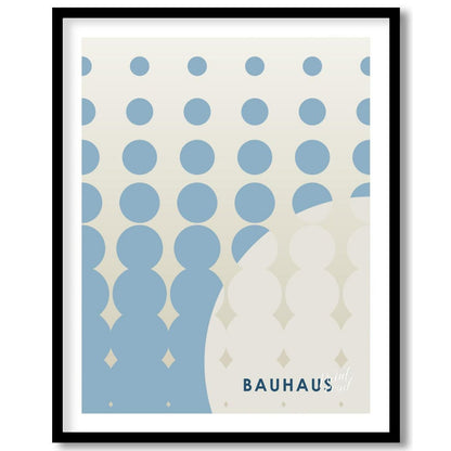 This striking Bauhaus-inspired poster features an array of blue dots arranged in a grid, transition… for abode