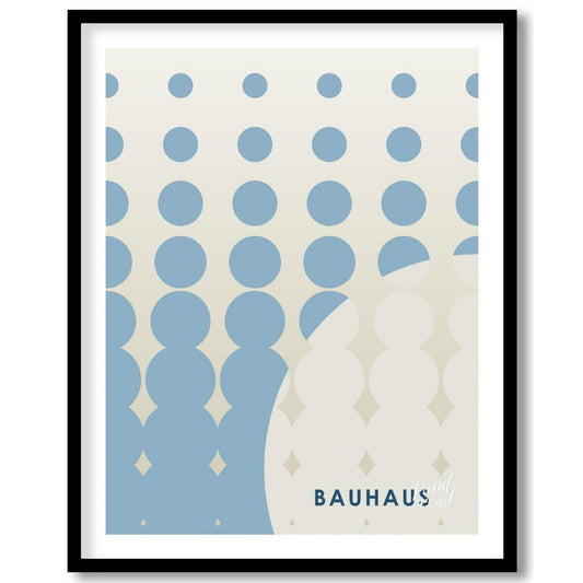 This striking Bauhaus-inspired poster features an array of blue dots arranged in a grid, transition… for abode