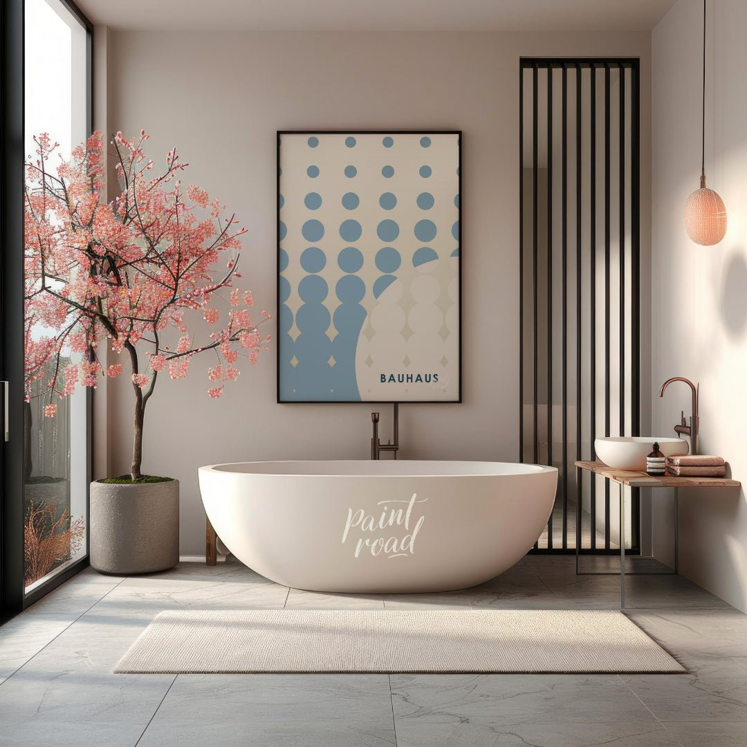 This striking Bauhaus-inspired poster features an array of blue dots arranged in a grid, transition… for bathroom