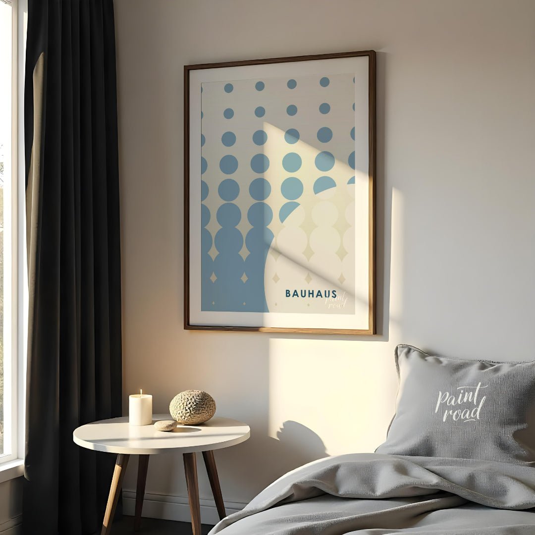This striking Bauhaus-inspired poster features an array of blue dots arranged in a grid, transition… for bedroom