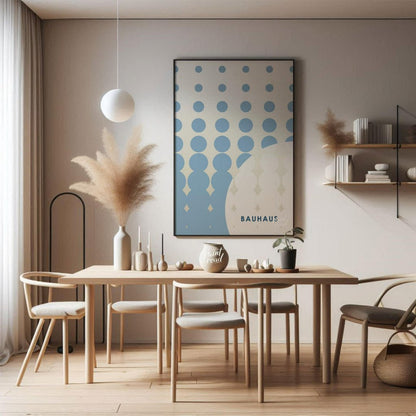 This striking Bauhaus-inspired poster features an array of blue dots arranged in a grid, transition… for dining room