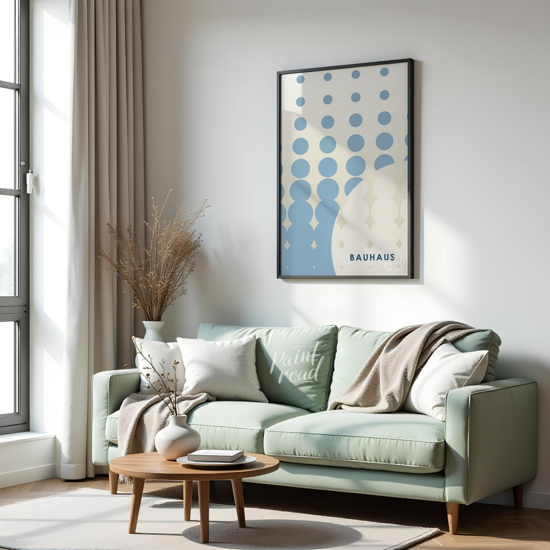 This striking Bauhaus-inspired poster features an array of blue dots arranged in a grid, transition… for living room