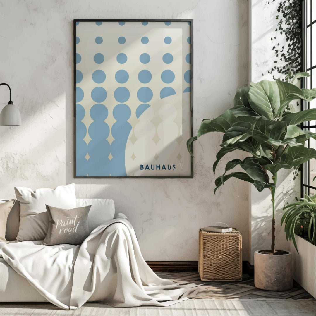 This striking Bauhaus-inspired poster features an array of blue dots arranged in a grid, transition… for living room