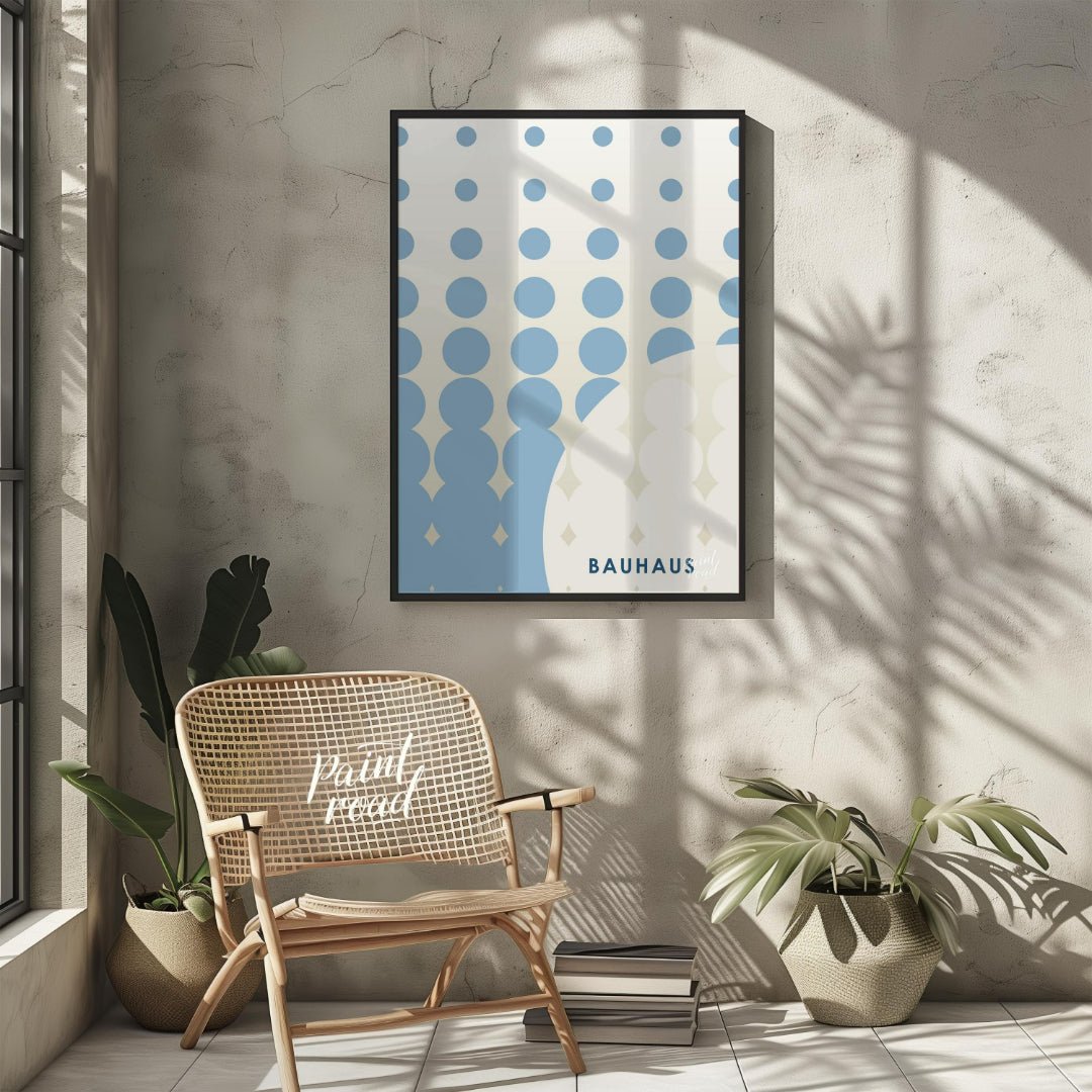 This striking Bauhaus-inspired poster features an array of blue dots arranged in a grid, transition… for living room
