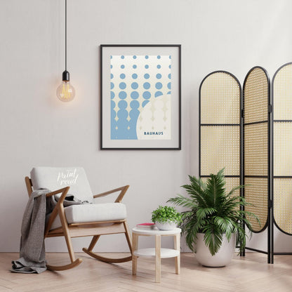 This striking Bauhaus-inspired poster features an array of blue dots arranged in a grid, transition… for living room