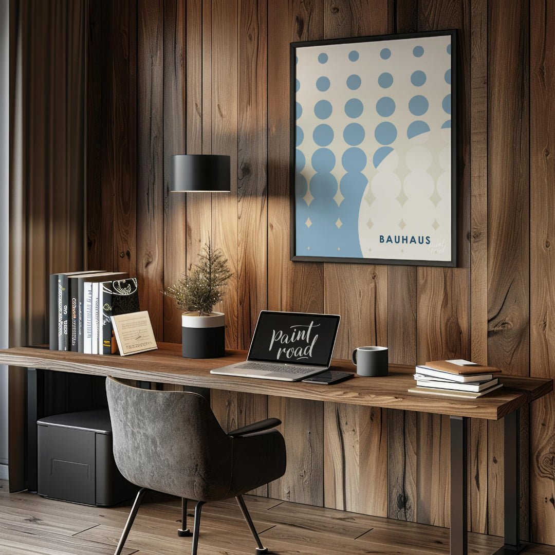 This striking Bauhaus-inspired poster features an array of blue dots arranged in a grid, transition… for office