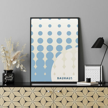 This striking Bauhaus-inspired poster features an array of blue dots arranged in a grid, transition… for office