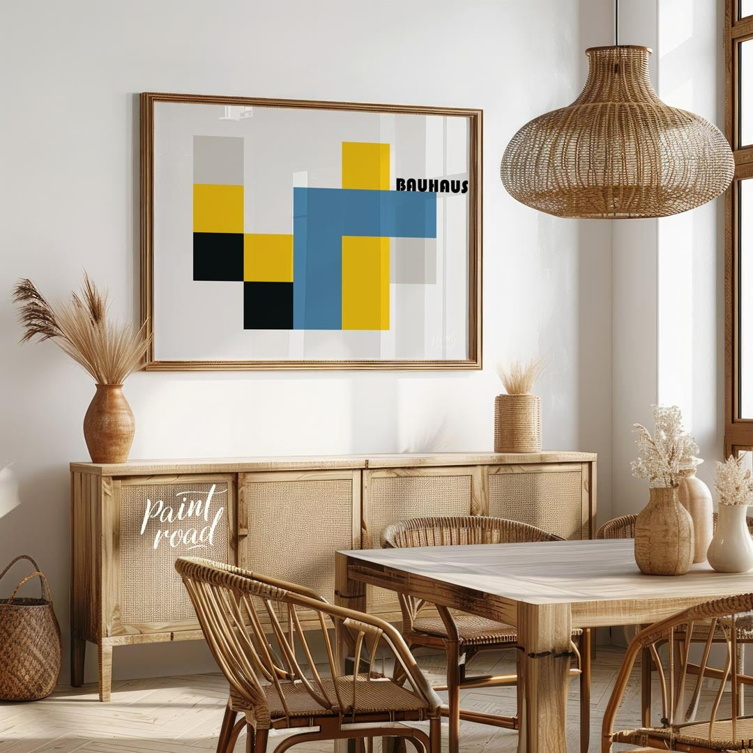 This bold Bauhaus-inspired poster features a bold and abstract composition of interlocking geometri… for dining room
