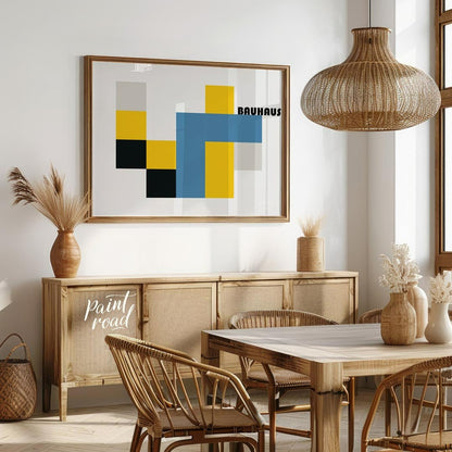This bold Bauhaus-inspired poster features a bold and abstract composition of interlocking geometri… for dining room