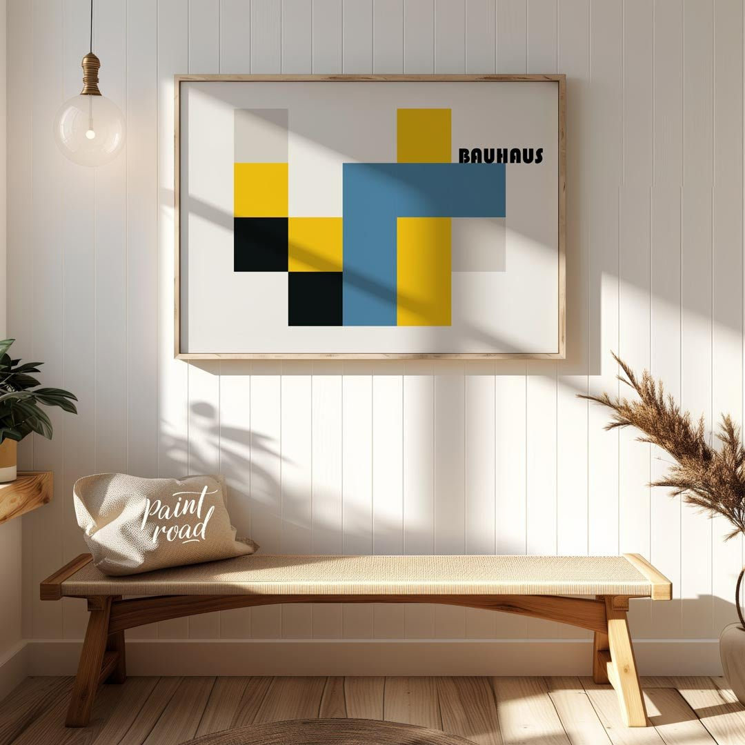 This bold Bauhaus-inspired poster features a bold and abstract composition of interlocking geometri… for entryway