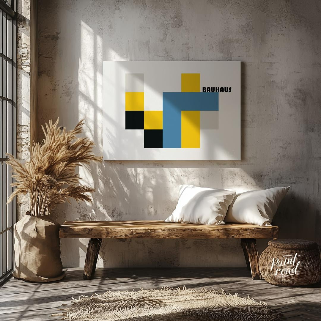This bold Bauhaus-inspired poster features a bold and abstract composition of interlocking geometri… for entryway