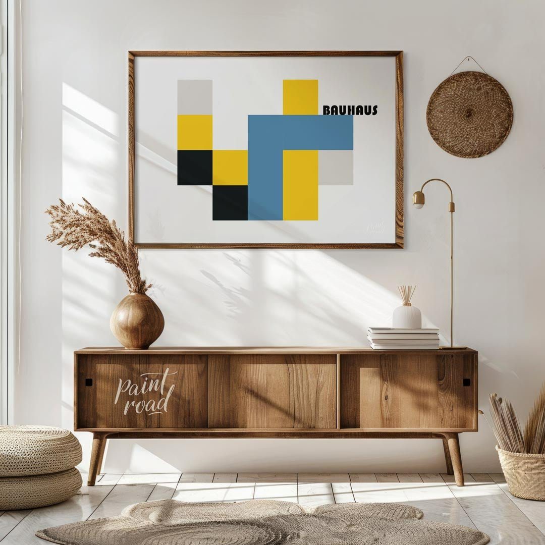 This bold Bauhaus-inspired poster features a bold and abstract composition of interlocking geometri… for living room
