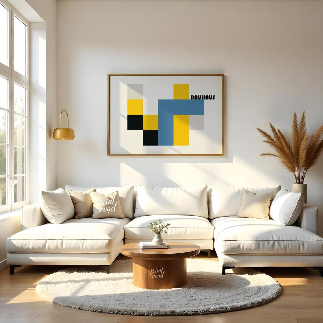 This bold Bauhaus-inspired poster features a bold and abstract composition of interlocking geometri… for living room