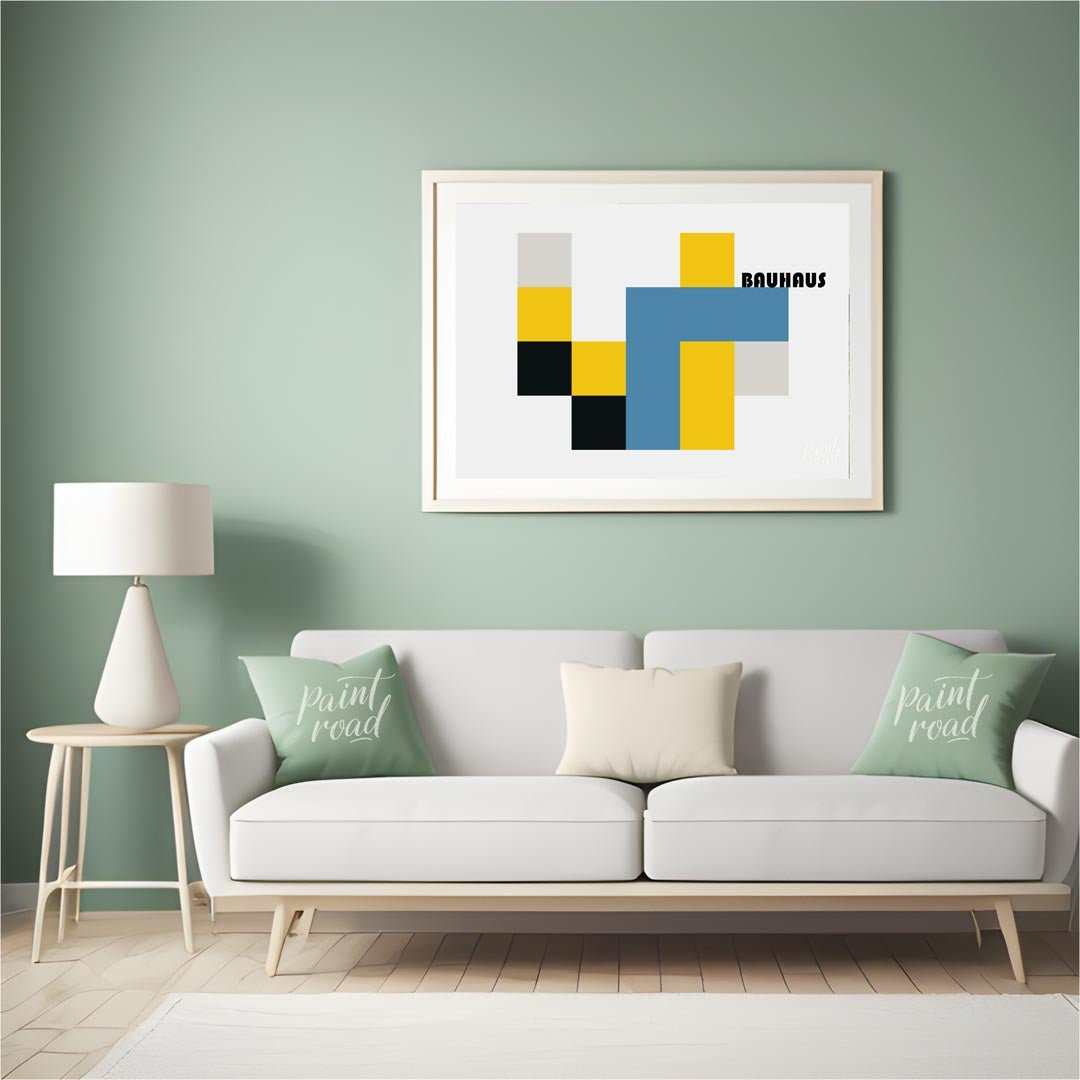 This bold Bauhaus-inspired poster features a bold and abstract composition of interlocking geometri… for living room