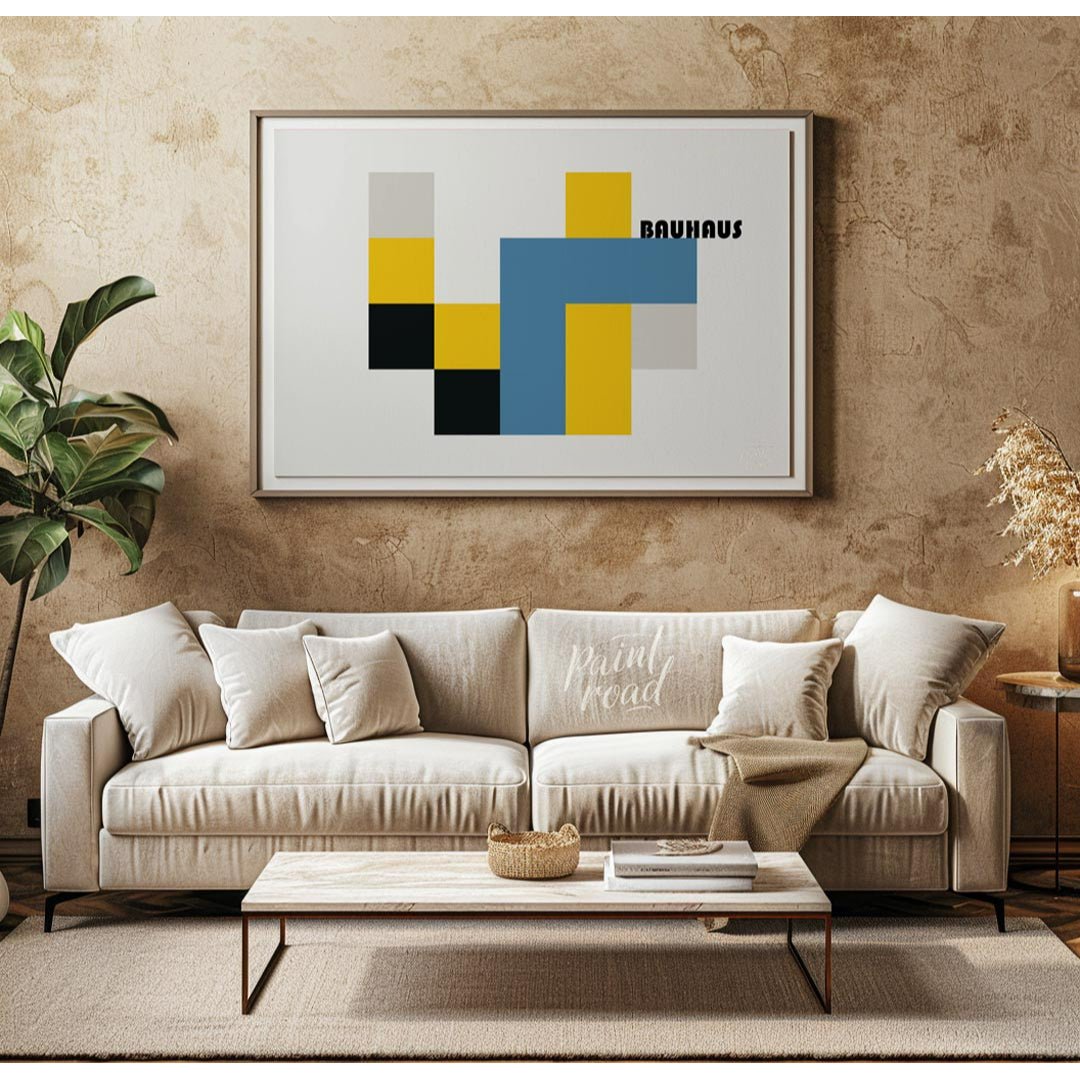This bold Bauhaus-inspired poster features a bold and abstract composition of interlocking geometri… for living room