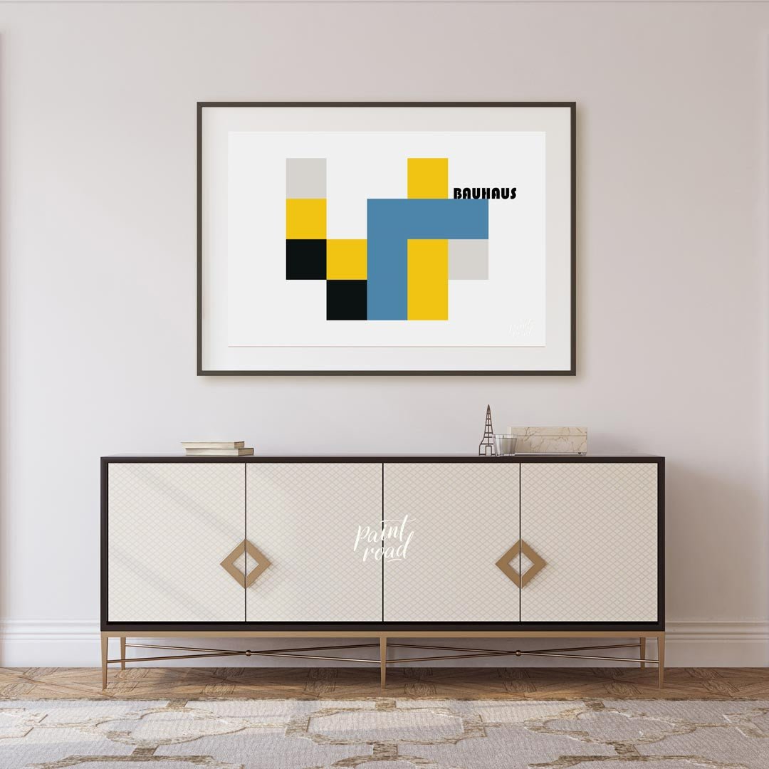 This bold Bauhaus-inspired poster features a bold and abstract composition of interlocking geometri… for living room