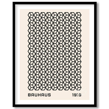 This captivating Bauhaus-inspired print, "Bauhaus Isometric Grid," features a dense and intricate p… for abode