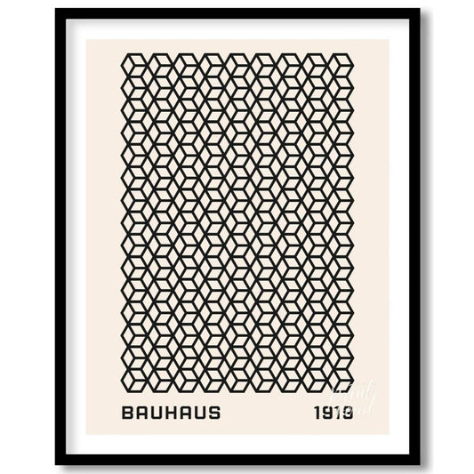 This captivating Bauhaus-inspired print, "Bauhaus Isometric Grid," features a dense and intricate p… for abode